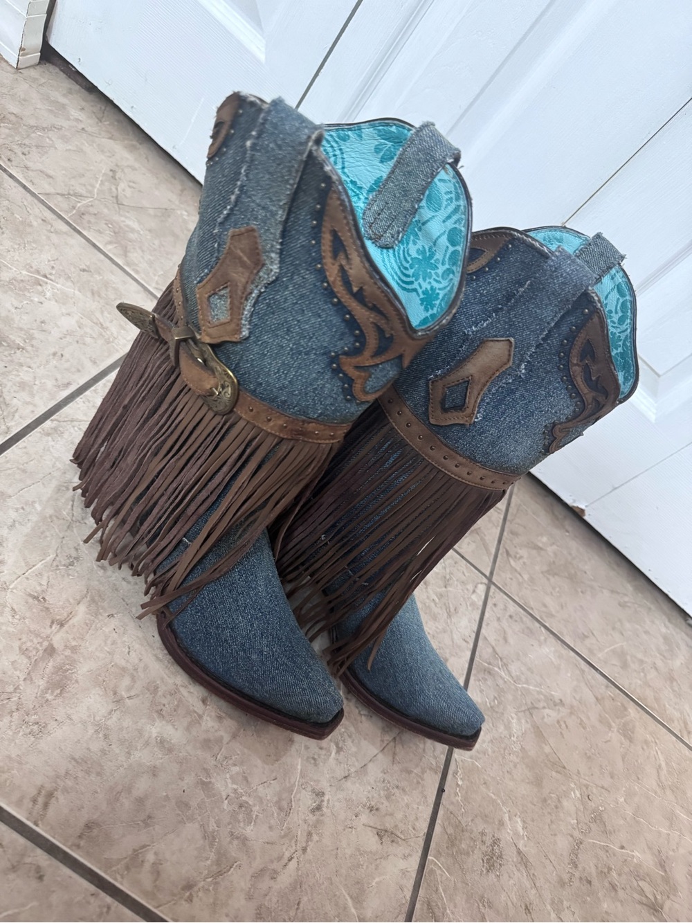 Corral Blue Denim Brown Fringe Western Cowboy Boots Size 7.5 New
